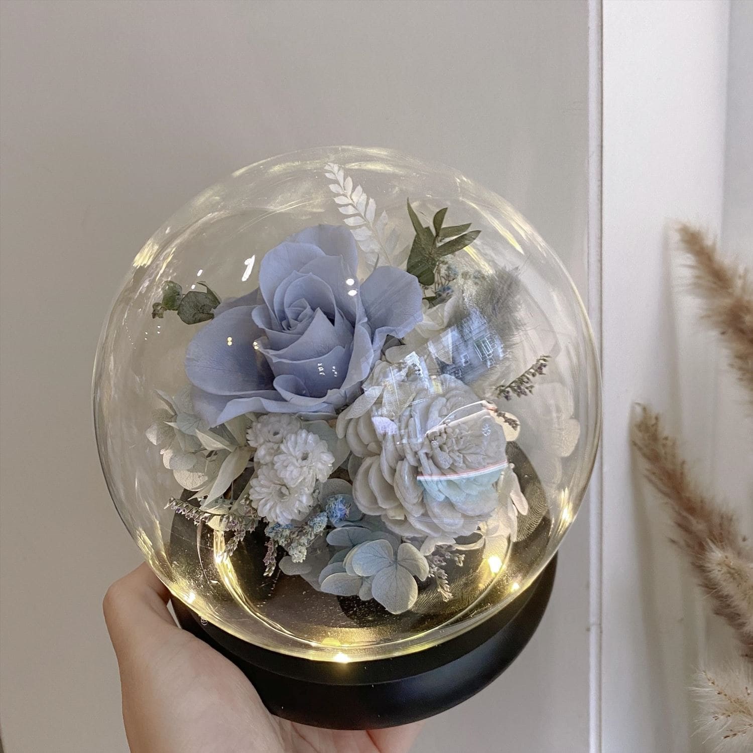 精靈水藍玫瑰永生花玻璃罩夜燈 M