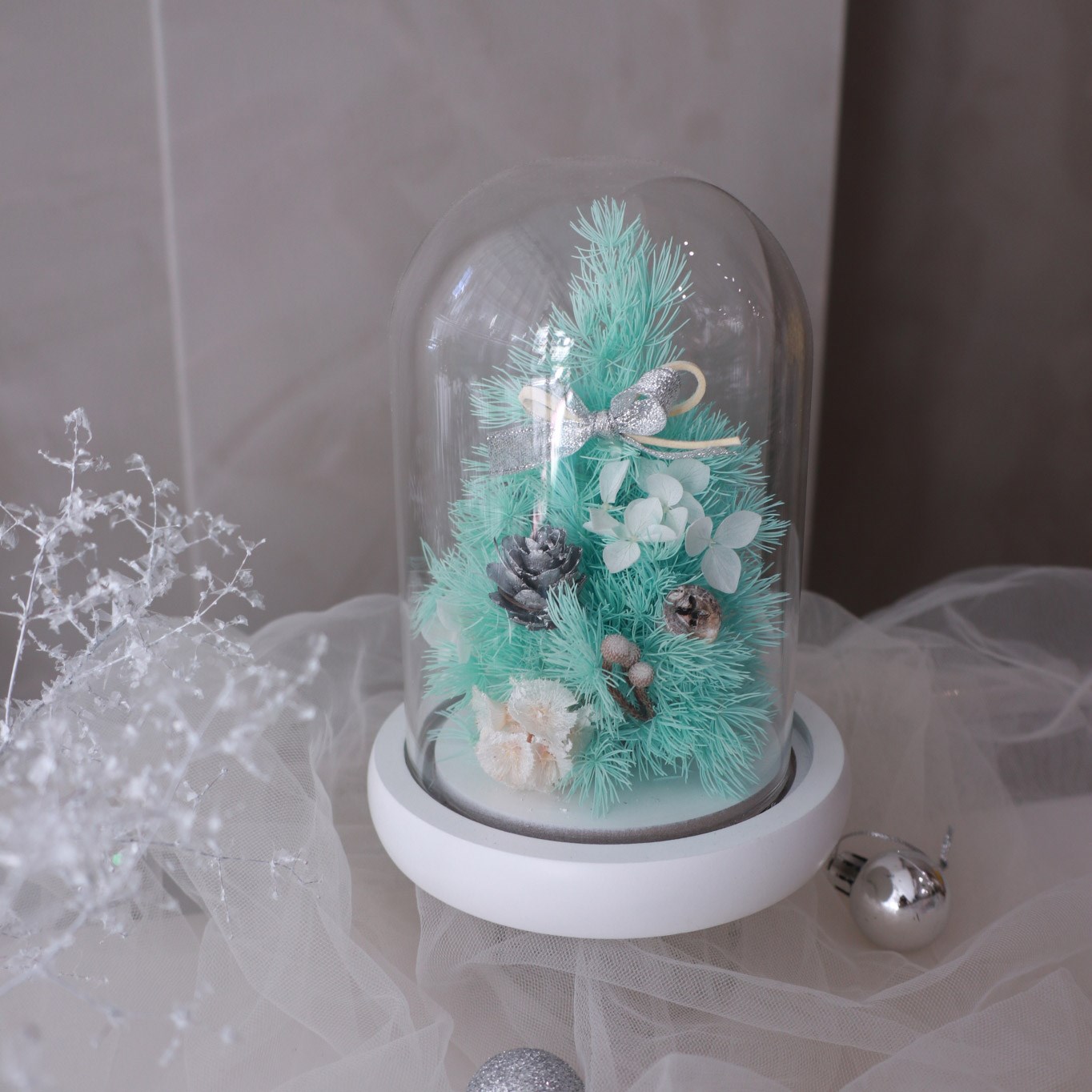 薄荷綠永生聖誕樹玻璃罩夜燈