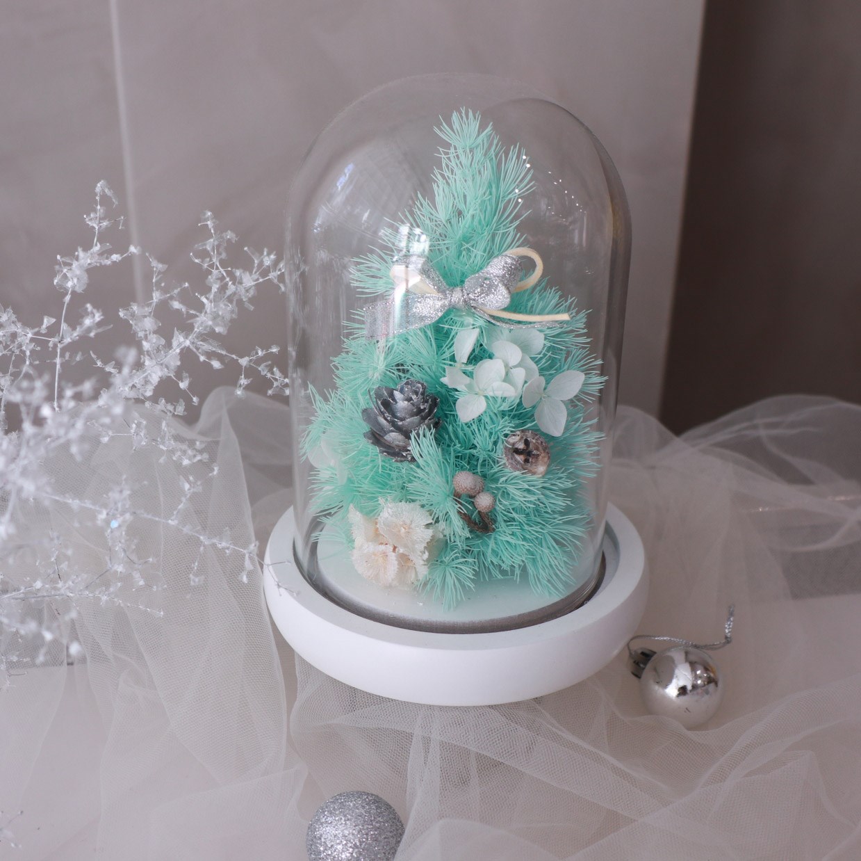 薄荷綠永生聖誕樹玻璃罩夜燈