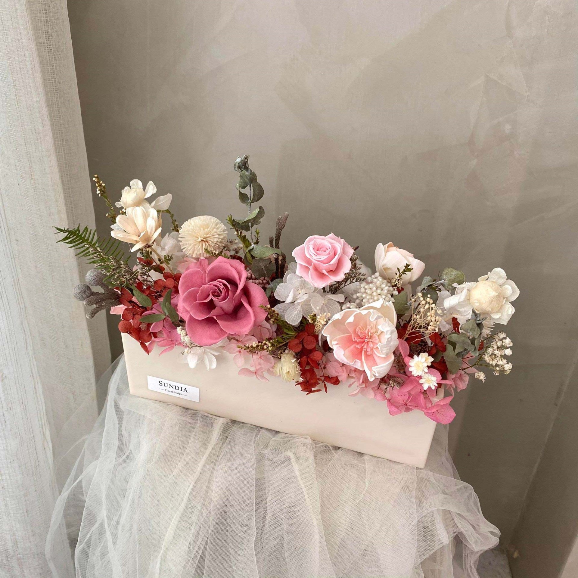豆沙薔薇粉永生花長形盆花