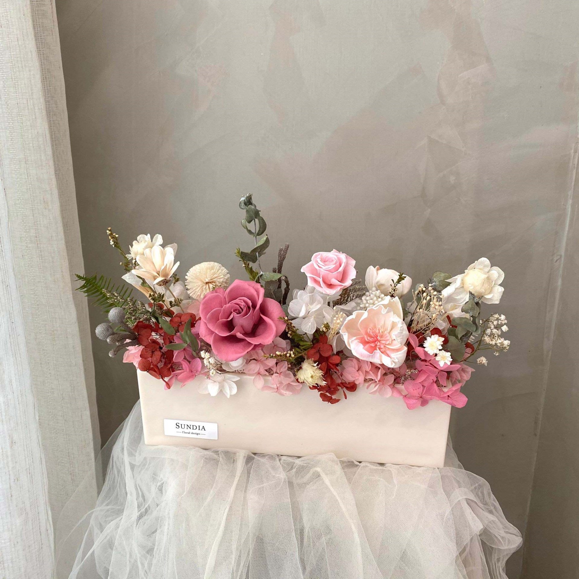 豆沙薔薇粉永生花長形盆花