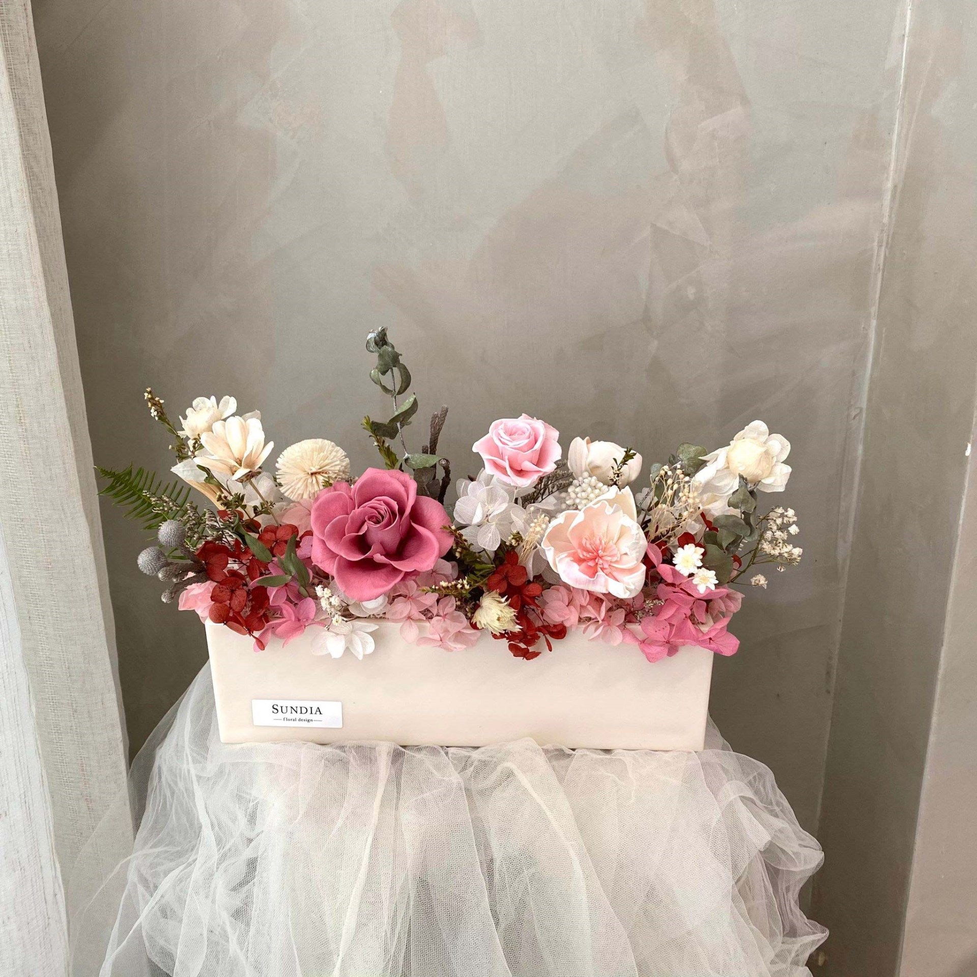 豆沙薔薇粉永生花長形盆花