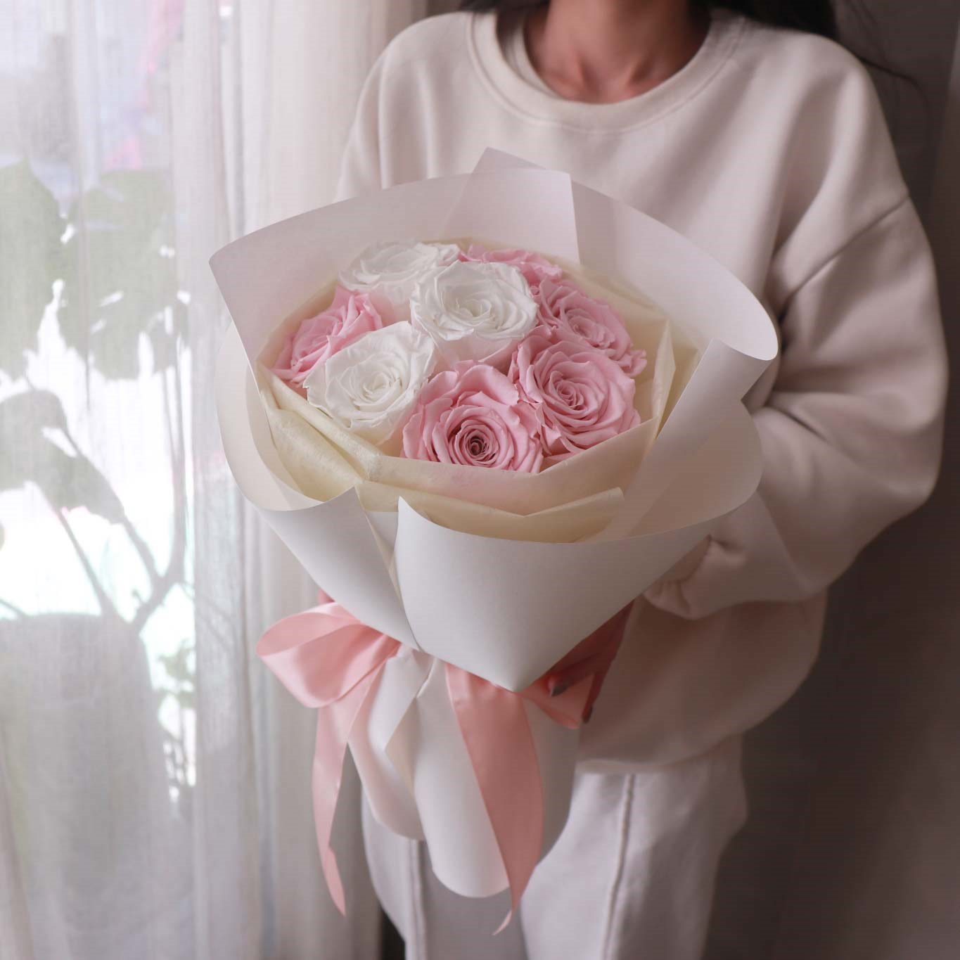 粉紅泡泡玫瑰永生圓型花束