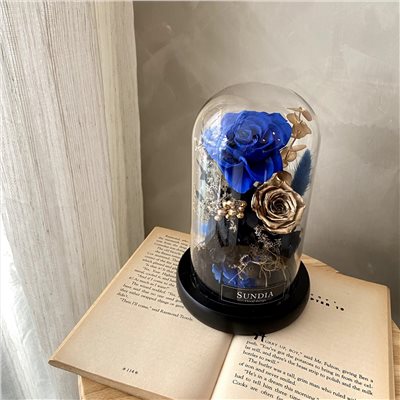 寶藏藍奢華金色永生花玻璃罩夜燈